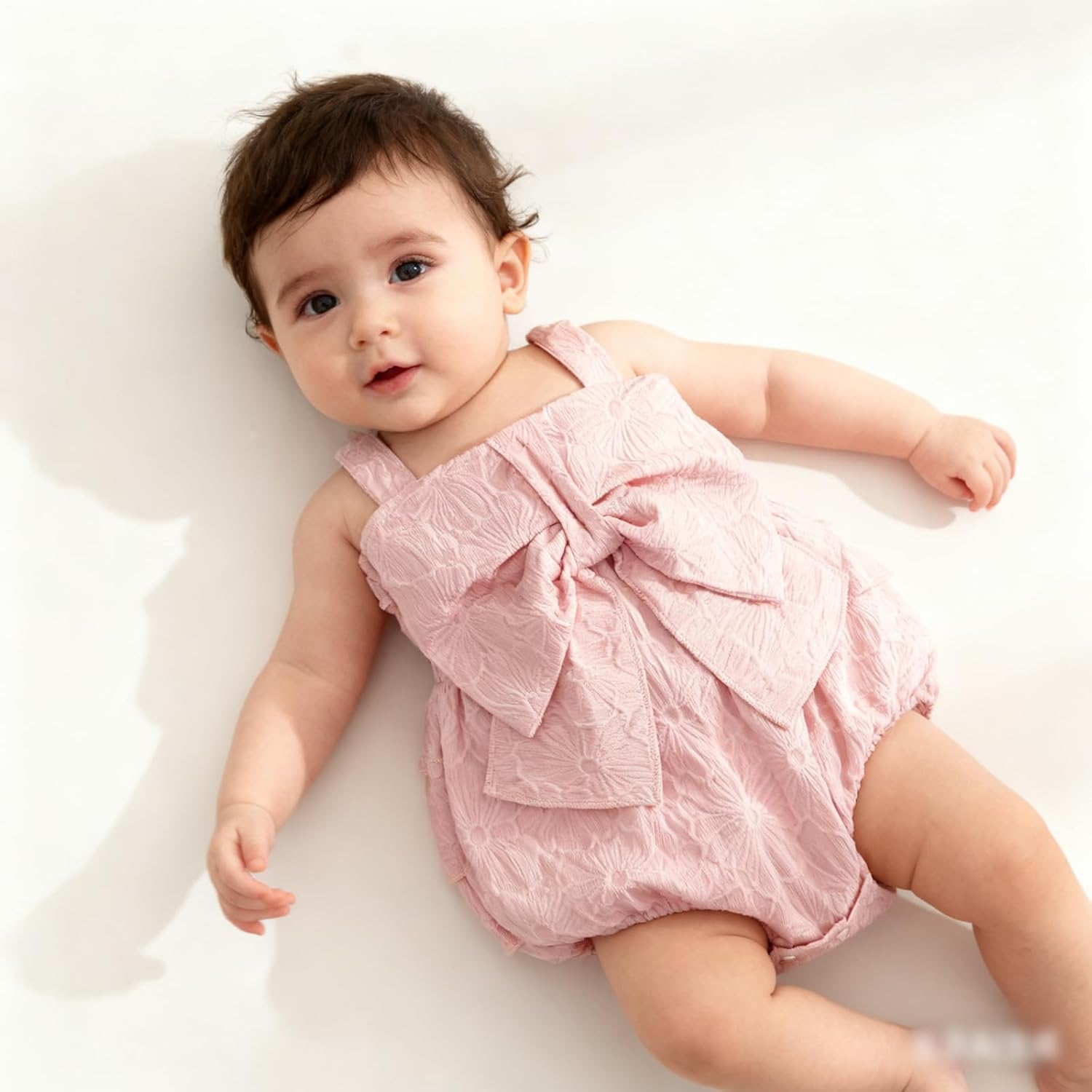 Infant Baby Girl Sleeveless Bubble Romper Bow Dress Floral Texture Bodysuit Spring Summer Outfit