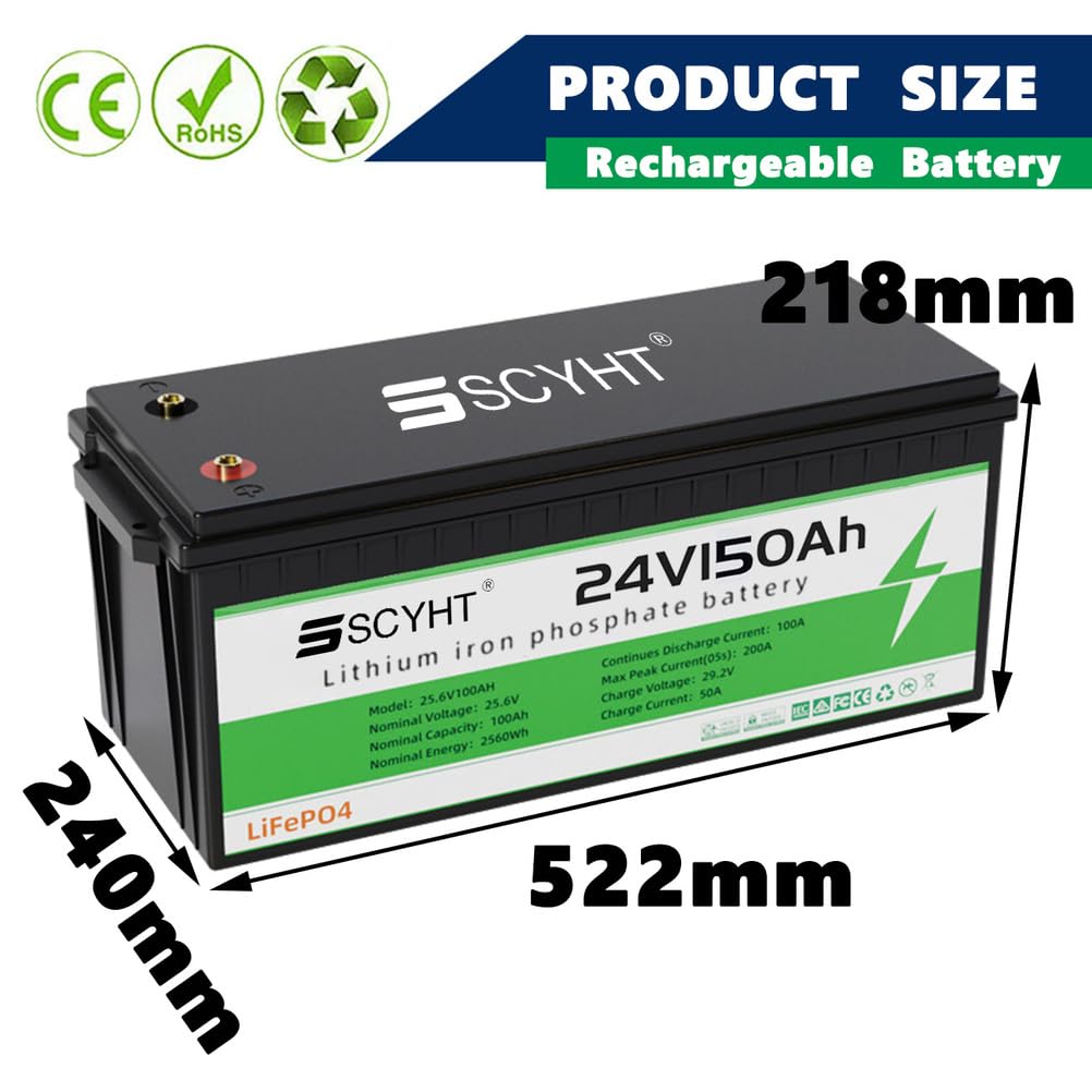 Batterie Lithium 24 V 100 Ah 150 Ah Batterie LiFePO4 24 V Batteries à décharge Profonde pour Camping-Cars, solaires et Hors réseau pour Moteurs 500 W à 3840 W,24v150ah 240mm