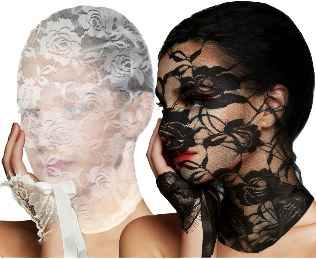 SRLLBBY Floral Lace Full Face Mask, Wrist Cuff, Hair Bibbon for Photography Halloween Cosplay DIY Enthusiasts