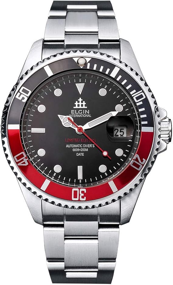 Amazon Elgin エルジン メンズ 腕時計 自動巻き ダイバー 200m防水 ブラック レッド メンズ腕時計 腕時計 通販
