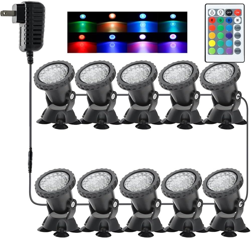 Outdoor Spotlight Pond Lights, Submersible Fountain Lights Memory Dimmable Underwater Colored Yard Spot Light IP68 Waterproof for Garden Lawn Porch Landscape (10 Lights)
