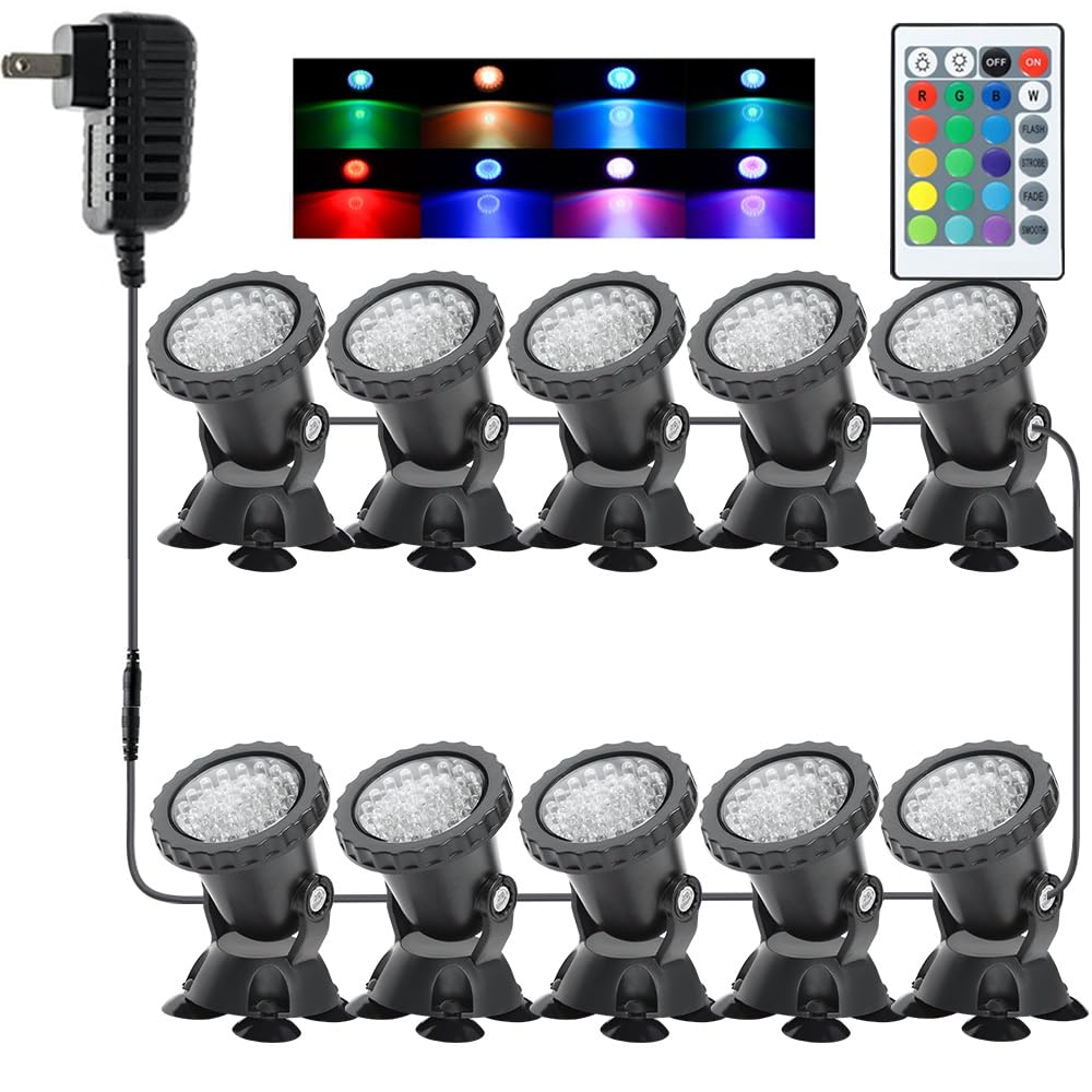Foco para exteriores, luces de estanque, luces sumergibles con memoria, intensidad regulable, luz de color bajo el agua, IP68, impermeable, para jardín, césped, porche, paisaje (10 luces)