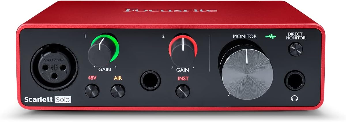 Focusrite Scarlett Solo Interfaz de audio USB de tercera generación para guitarristas, vocalistas, podcasters o productores para grabar y reproducir sonido con calidad de estudio | 1 preamplificador de micrófono XLR, 1 entrada de instrumento Hi-Z, 24 bits/192 kHz, rango de ganancia de 56 dB, modo aire, compatible con macOS/Windows/iPadOS