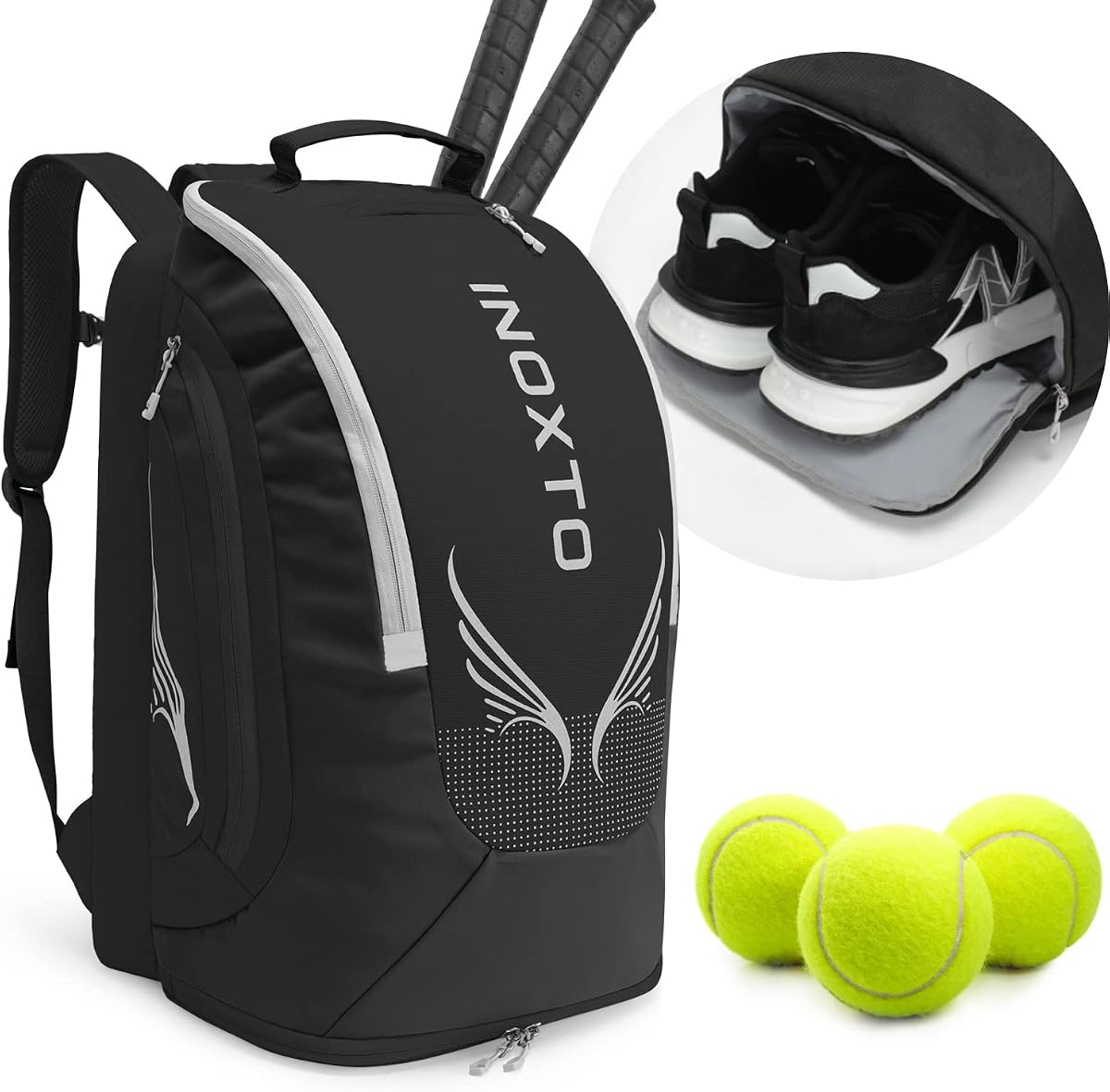 INOXTO 40L Tennis Backpack for Men & Women, Large Pickleball Bag With Independent Shoe Storage, Waterproof & Breathable, Holds 2 Tennis Rackets for Badminton, Travel & Camping
