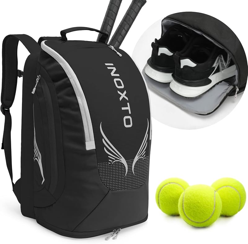 INOXTO 40L Tennis Backpack for Men & Women, Large Pickleball Bag With Independent Shoe Storage, Waterproof & Breathable, Holds 2 Tennis Rackets for Badminton, Travel & Camping