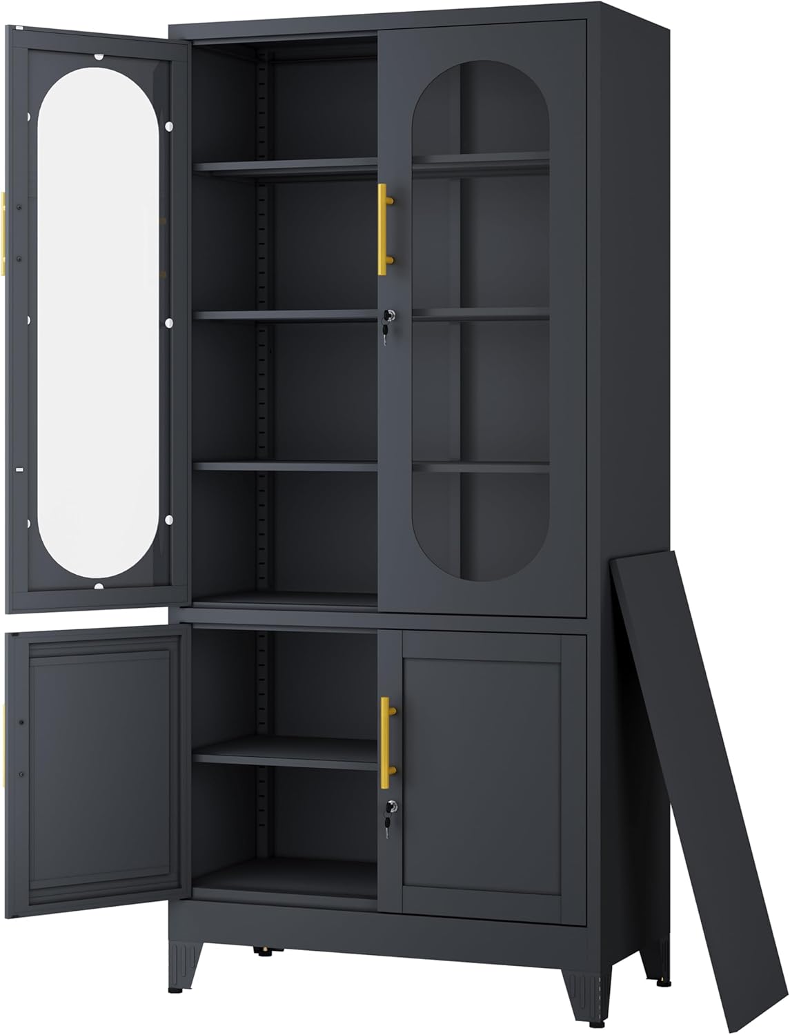 71”H Metal Storage Cabinet with Lock Glass Doors and Shelves,Steel Garage File Cabinets, Kitchen Pantry Cabinet Tall Locker Organizer for Home, Office, Warehouse,Tool（Black）