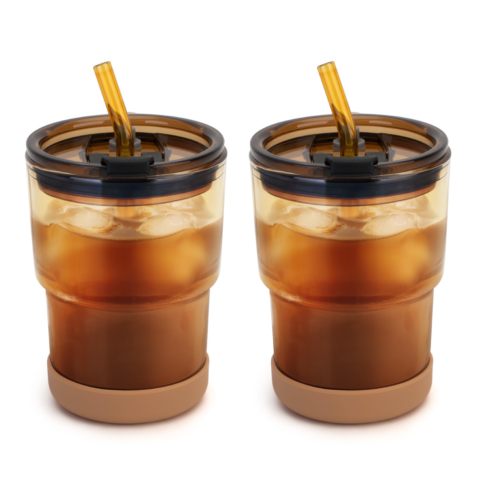 Luxgola 13 oz Glass Tumbler with Straw and Lid, 2 Pack Reusable Glass Water Cups with Silicone Bumper, Sealed Carry-On Thick Wall Drinking Cups for