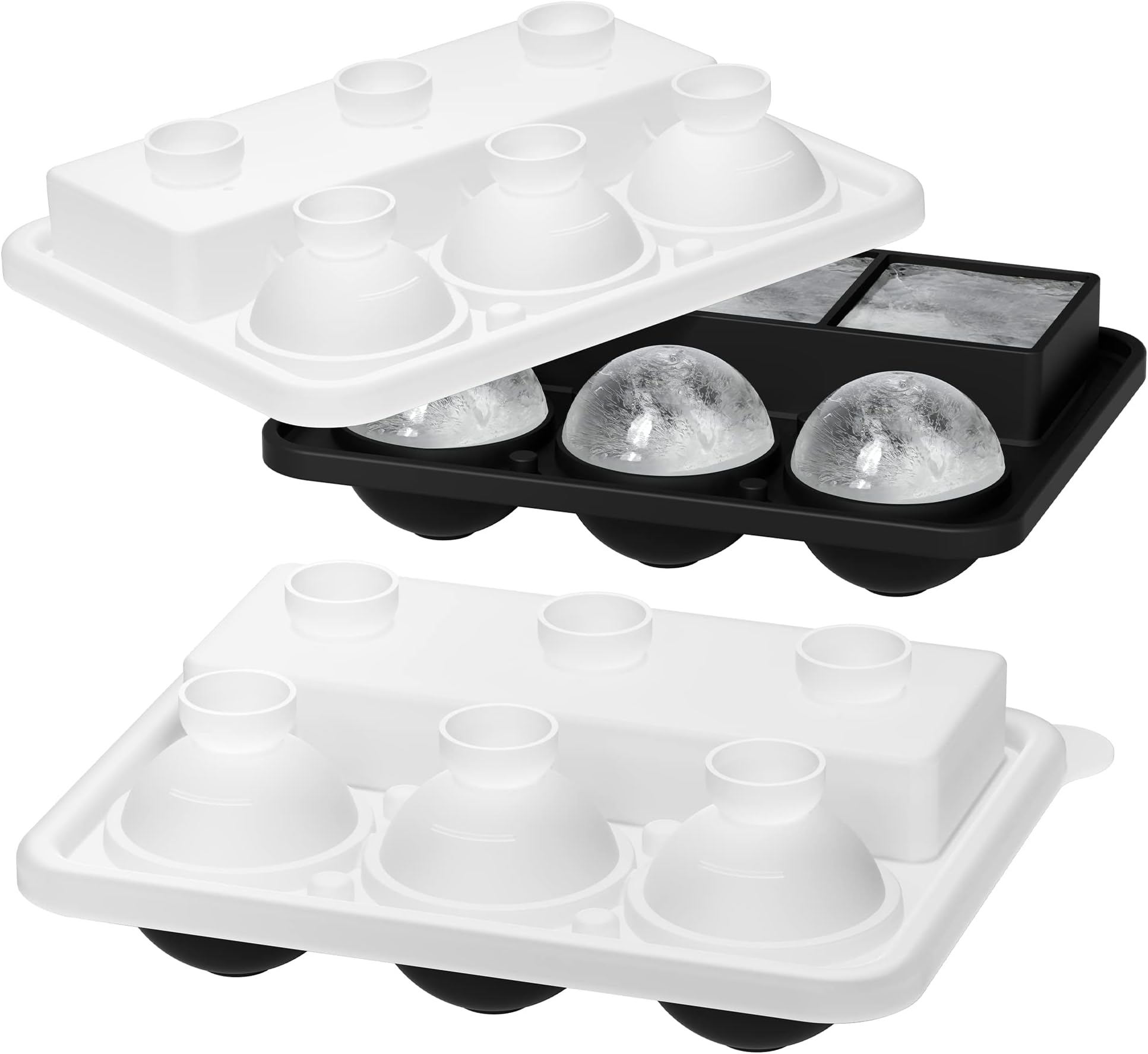 Ice Cube Trays 2 Pack, Morfone Silicone Round Ice Ball Molds& Square Large Ice Molds Combo with Lids, Funnel Design Easy-Release Reusable Ice Ball Maker for Whiskey, Cocktail, Bourbon, Homemade Drinks