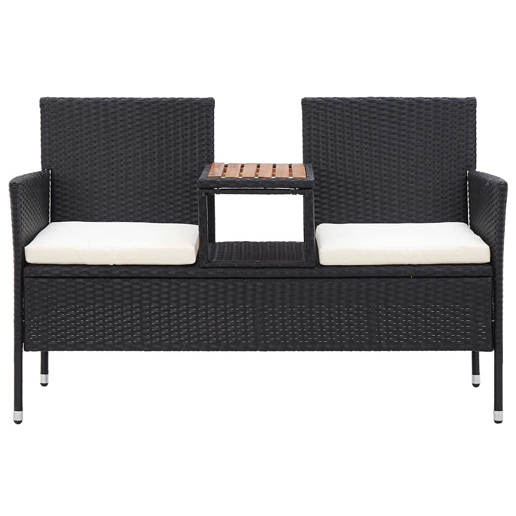 2-Sitzer Gartenbank mit Teetisch 143 cm Poly Rattan Schwarz Sitzbank mit integriertem Tisch und Sitzkissen für Balkon Terrasse Garten Lounge-Bank Zweisitzer Akazienholz