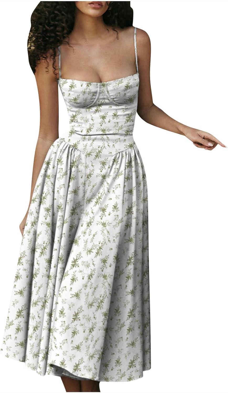 Xiaojmake Women Boho Floral Corset Dress Summer Spaghetti Straps Square