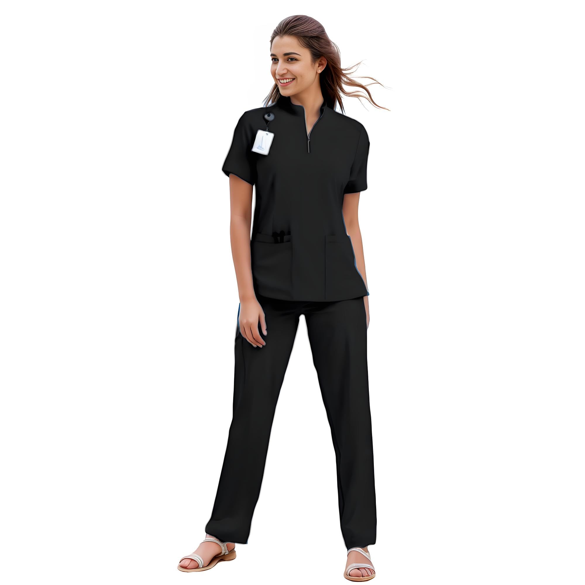 Conjunto de ropa quirúrgica médica para mujer, conjunto de ropa quirúrgica negra para mujer, conjunto de ropa quirúrgica para manos curativas para mujer (cremallera negra, M, M)