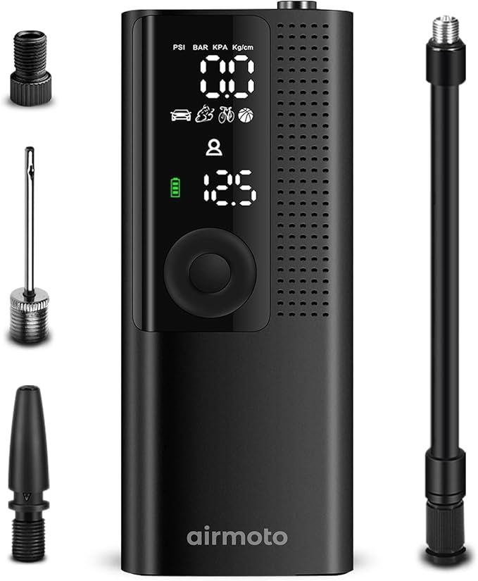 Airmoto Tire Inflator Portable Air Compressor - Air Pump For Car Tires with Digital Pressure Gauge, LED Light and Auto Shut-Off Function - Cordless Pump for Car, Motorcycle, Bicycle, Balls and More