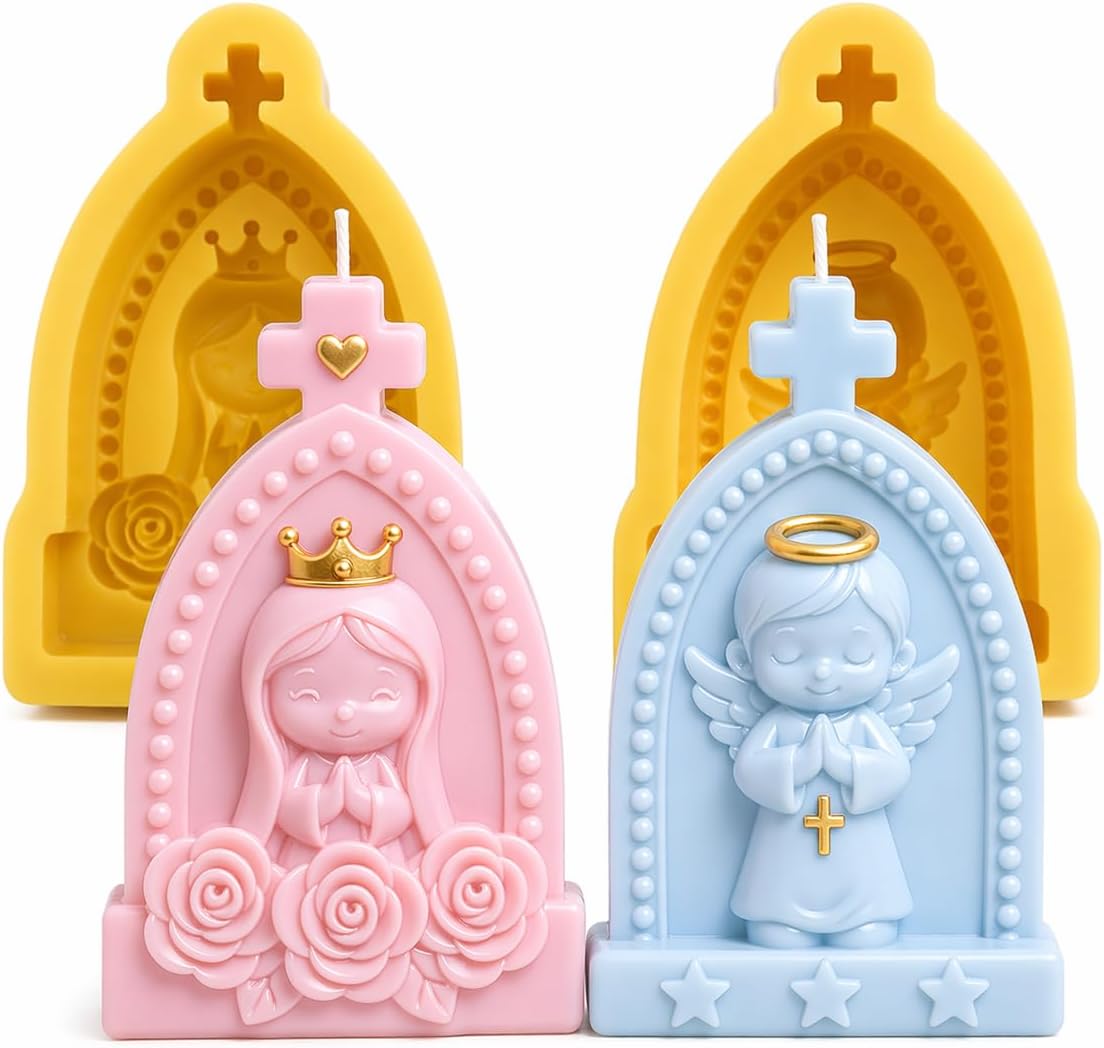 Angel Mold & Virgin Mary Candle Mold – Religious Silicone Mold Set 2 Pieces for Candle Making, Soap, Resin & Chocolates – Moldes para Velas – Small Candle Molds for DIY