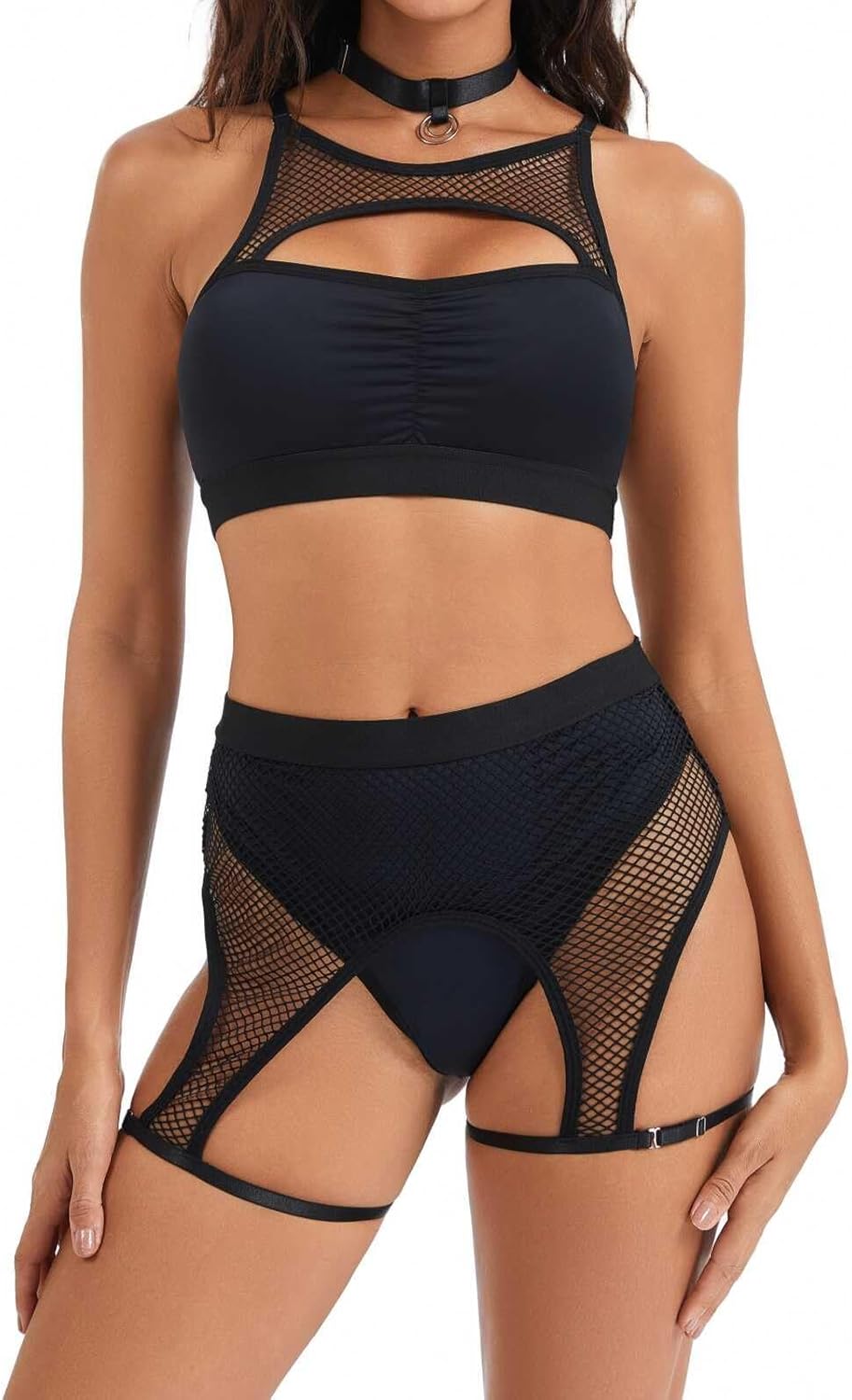 Women‘s Rave Outfits Set: Cutout Fishnet Lingerie Top High Waisted Dance Shorts for Festival Party - Image 2