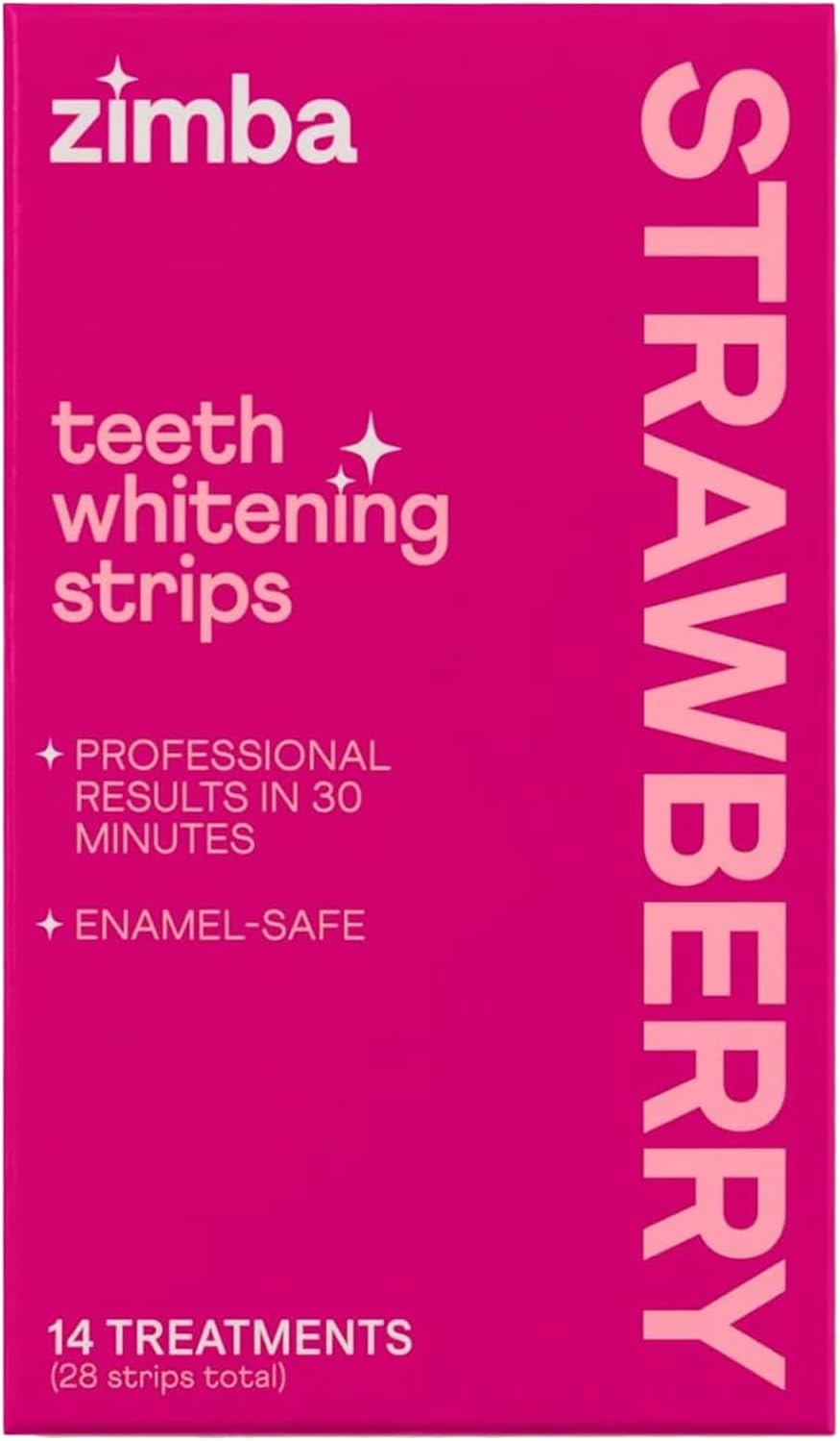 Zimba Strawberry Flavored Teeth Whitening Strips | Vegan, Enamel Safe Hydrogen Peroxide Teeth Whitener for Coffee, Wine, Tobacco, and Other Stains | 14 Day Treatment | Strawberry