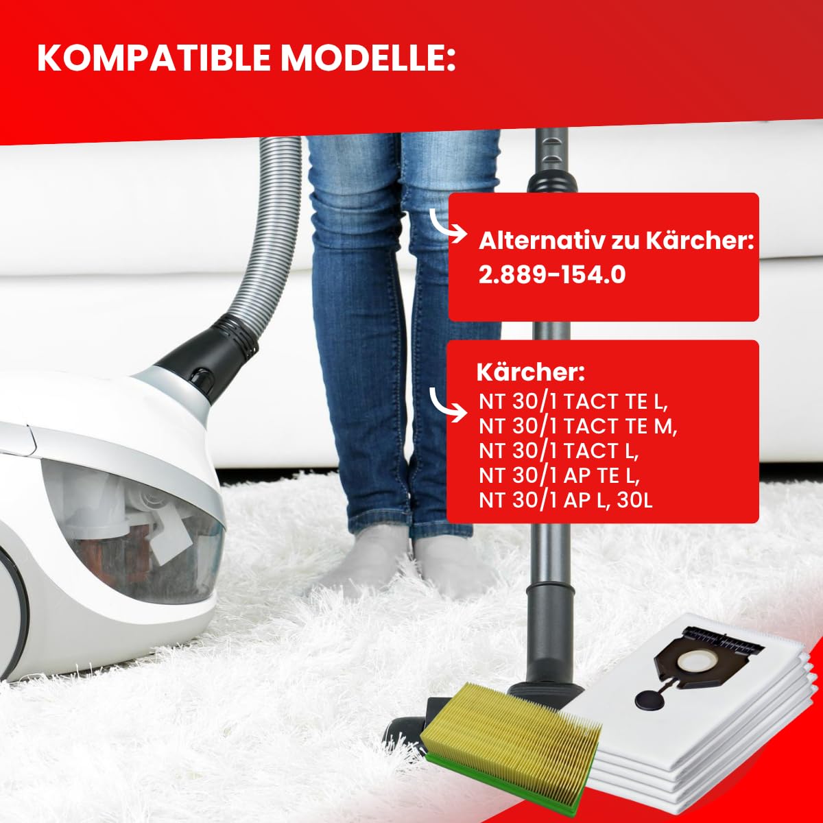 Invest - Staubsaugerbeutel, Beutel kompatibel mit Karcher: 2.889-154.0, NT 30/1 Tact Te L, NT 30/1 Tact Te M, NT 30/1 Tact L, NT 30/1 Ap Te L, NT 30/1 Ap L, 30 l - Filtertüten Ersatz, weiß, 5 Stück