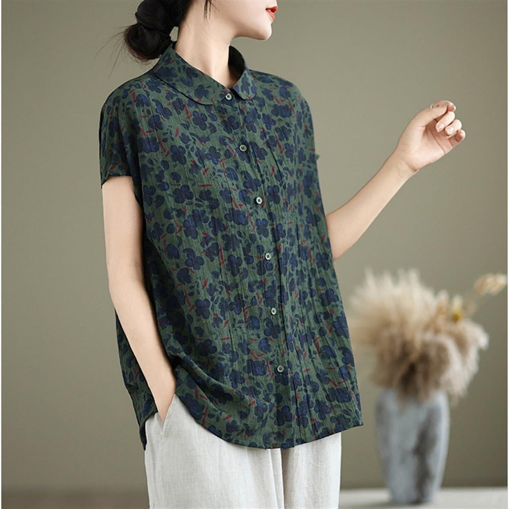 Tops Da Donna In Lino Di Cotone Ultra Sottile Con Stampa Floreale Retrò Camicia Abbottonata A Maniche Corte Con Risvolto Camicetta Comfort Estiva
