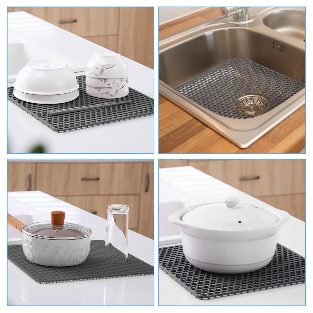 NAROSEBE Tappetino per Lavello in Silicone 30,5*30,5cm Tappetini per Lavello da Cucina con Foro di Scarico Tappetino per Scolapiatti in Silicone Tappetino in Rete Antiscivolo (Grigio, 30,5 x 30,5 cm)