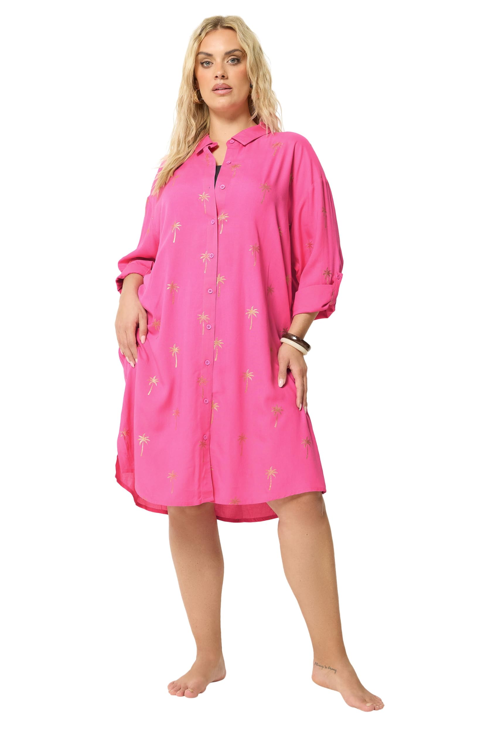 Yours - Women's - Shirt Dress - Palm Tree Print - Bright Pink - 26-28