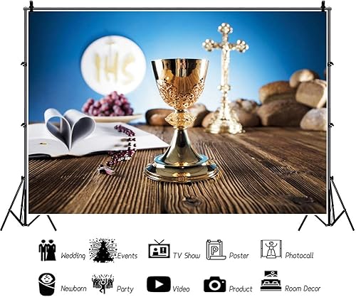 Miniatura 3 de DASHAN Telón de fondo de poliéster para la primera comunión, 7 x 5 pies, cruz dorada, grial, pan bíblico de madera, fotografía, fondo cristiano,