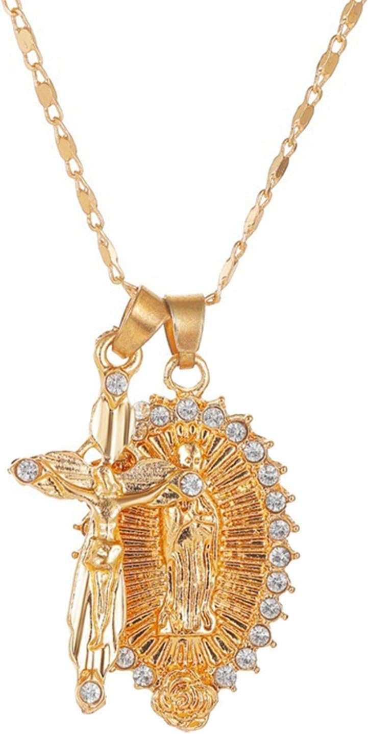 AILUORVirgin Mary Necklace, 14K Gold Plated Virgin Mary Pendant with Cross Necklace for Women Men Catholic Christian Jesus Cross Chain Necklace Jewelry