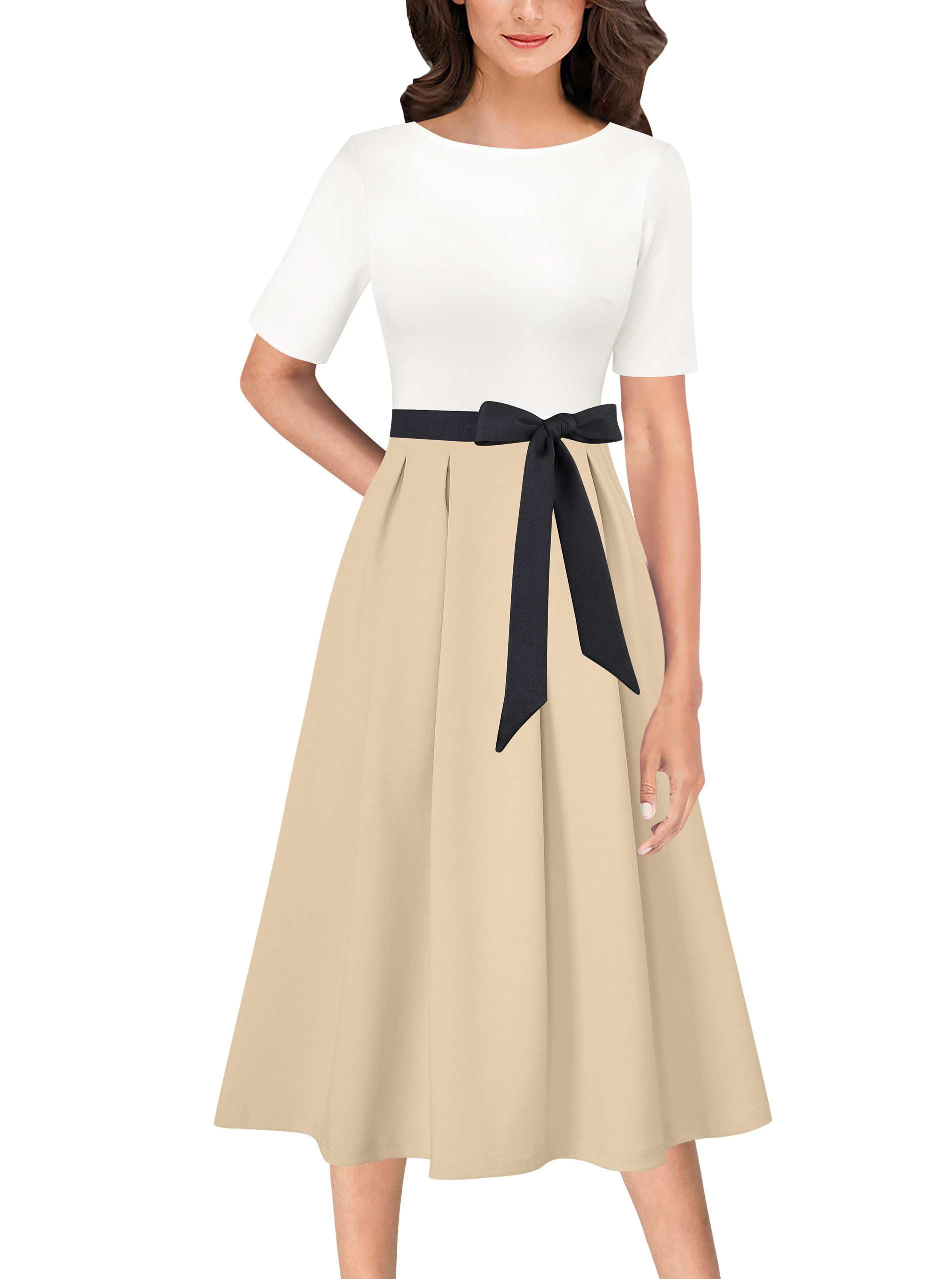 VFSHOW Womens Work Business Casual Church Pockets Belted A-Line Midi Dress