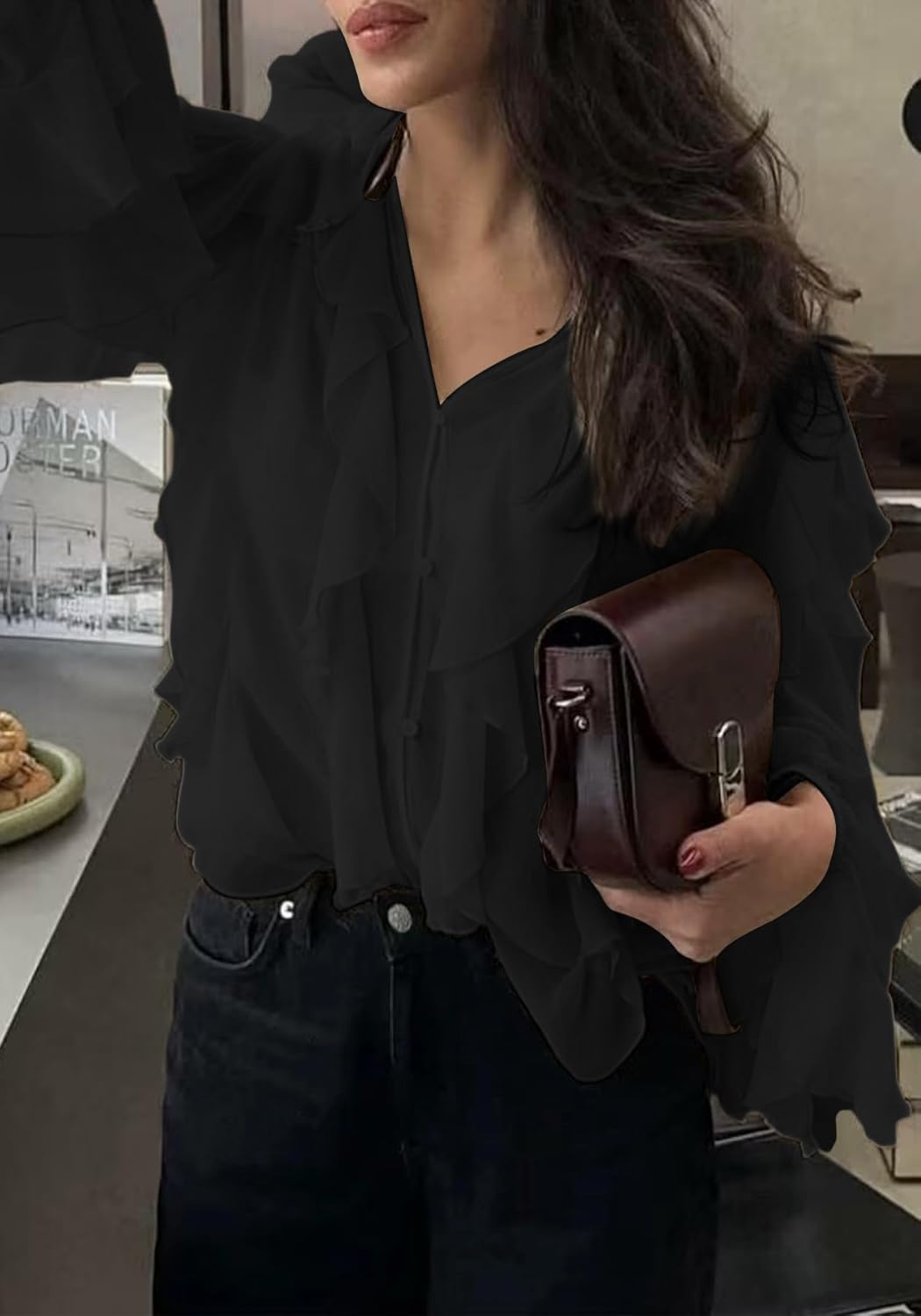 LETSVDO Women's Ruffle Chiffon Tops Puff Sleeve Sheer See Through Button Down V Neck Bubble Loose Casual Blouses Shirts - Image 6