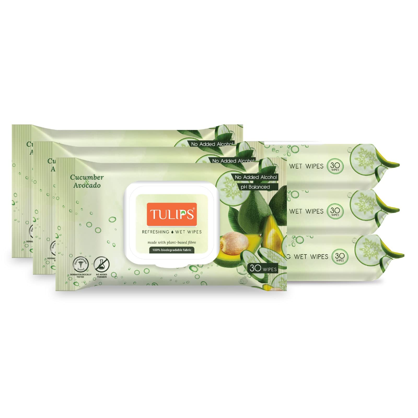 Tulips Refreshing/Everyday Cleaning Wet Wipes made with PLANT based fibre, LID Pack (Cucumber & Avocado, Pack of 6) 30 wipes each-image-41