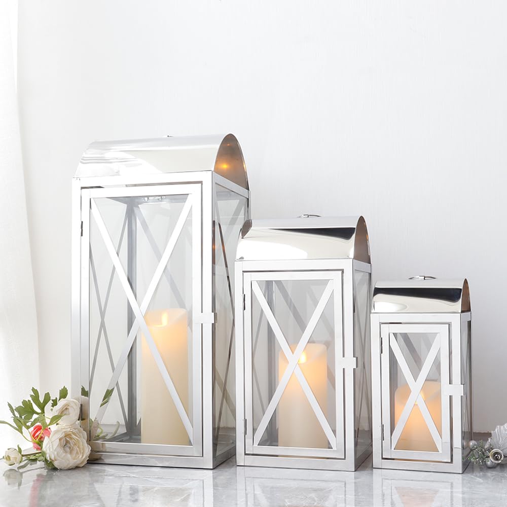  (Some Glasses is broken, ) TRIROCKS Set of 3 Stainless Steel Candle Lantern 11/15/20.5'' High Decorative Outdoor Lantern Metal Candle Holder with Tempered Glass for Home Decor Living Room Parties Events Indoors Outdoors(Silver)