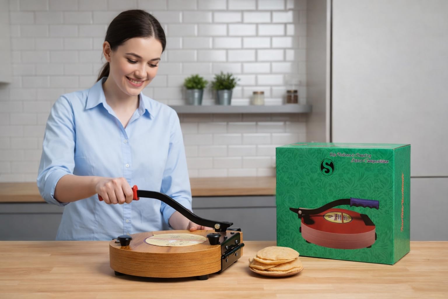 Wooden Manual Heavy Round Wooden Board Papad-Puri-khakhra Press Maker Plywood Machine with Iron Handle Roti Maker Press Machine with Handle for Kitchen Home