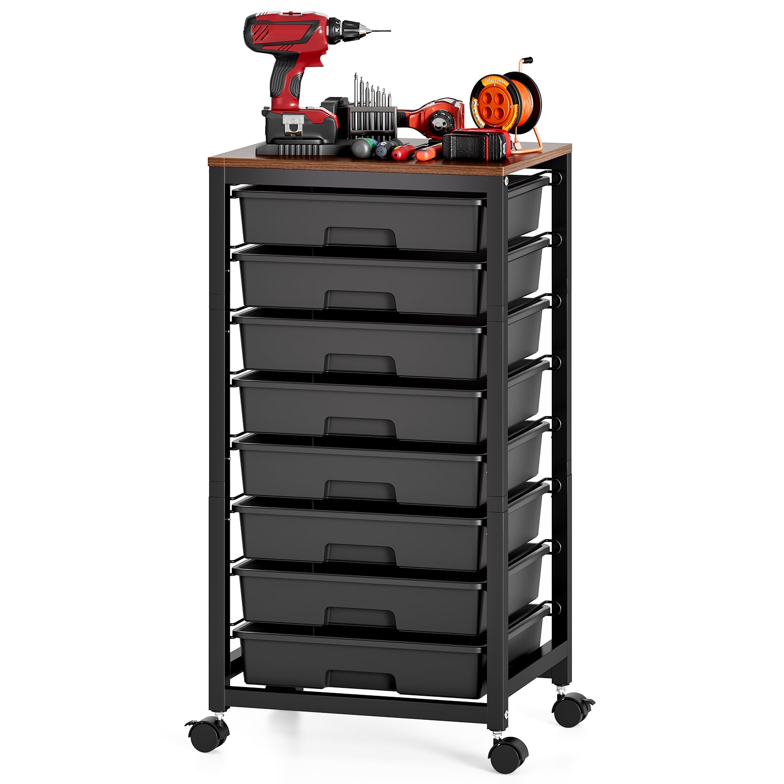 Photo 1 of SYKIARIOL Rolling Storage Cart with Drawers,Utility Cart With 8 Drawers and Wooden Tabletop,Rolling Drawer Cart,Storage Drawer Cart for Living Room,Classroom,Bedroom,Bathroom,Dorm,Office, Black