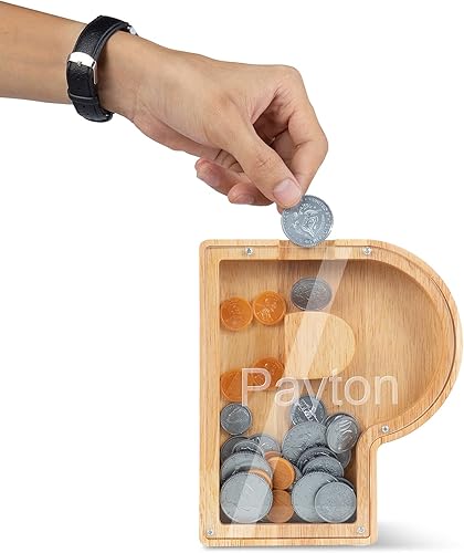 Wooden Piggy Bank Personalized 26 English Alphabet Letter Coin Bank Custom Money Box Wooden Piggy Bank ​Gift for Kids Christmas Birthday Gift Home
