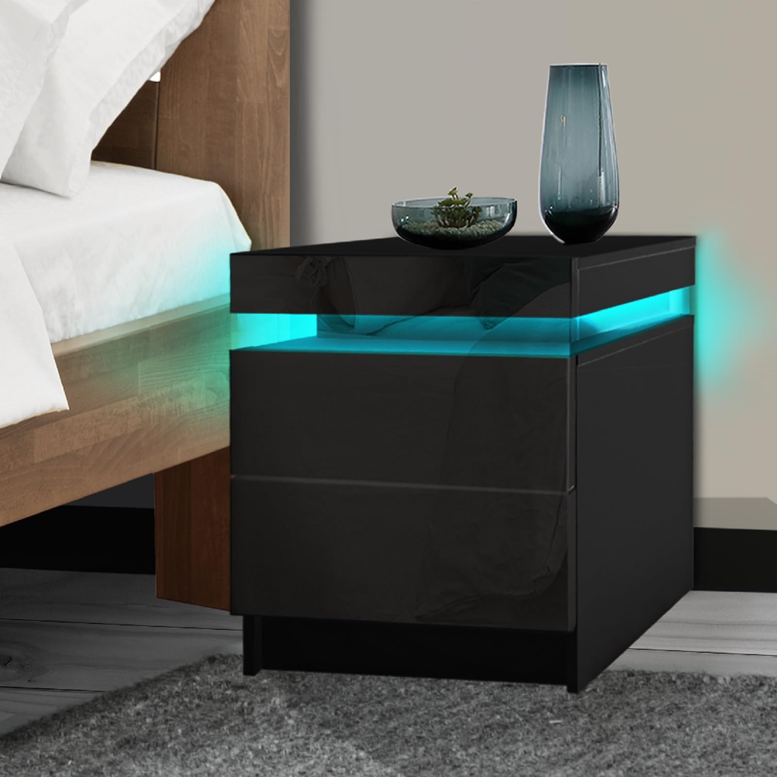 Levede Bedside Table with 2 Drawers & LED Lights, Modern Nightstand with Storage Cabinet, Stylish Side Table for Bedroom, Living Room, Office (45 x 35 x 52cm)