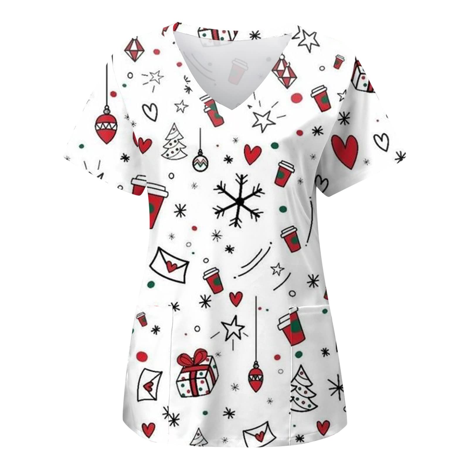 OUMSHBIHealth Scrub Tops for Women UK Plus Size Christmas Santa Womens Short Sleeve V Neck Printed Top Nurses Working T Shirts Blouse With Pockets Medical Scrub Top Women Working Workwear