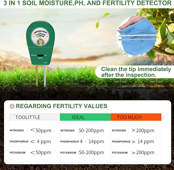 3 en 1 Mesureur de pH du sol, hygromètre pour plantes, testeur d'humidité lumière pH d'acidité des plantes température et humidité, compteur d'humidité du sol, convient aux potagers, jardins, ferme - 4