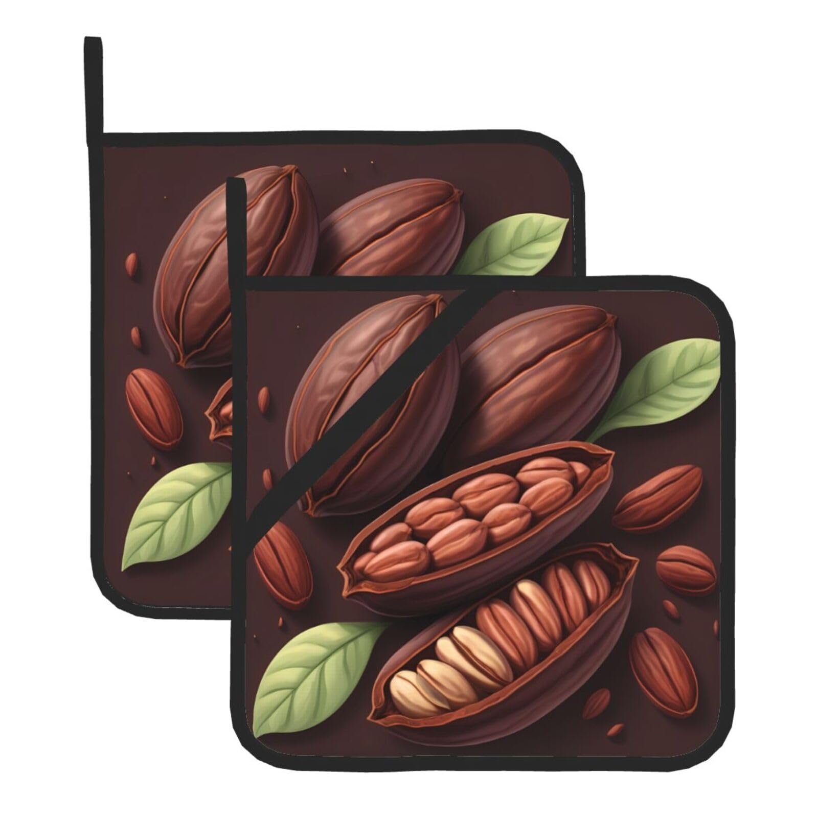 HJFCZH Fragrant Cocoa Beans Printed Square Insulated Pot Mat Set (2-Piece) 8x8in Waterproof, Thickened & Easy to Clean with Lanyard Design for Kitchen, Oven & BBQ
