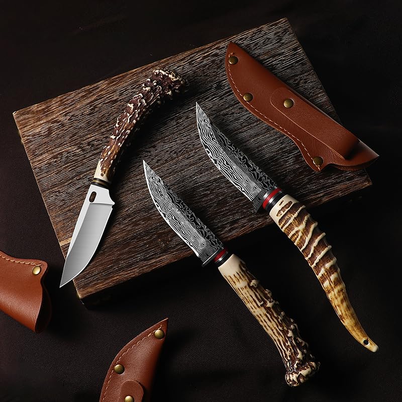 Plys Fixed Blade Knife, Hunting knife set, survival knife, fixed blade knife with sheath, Imitation Antler Handle, self defense weapons, Hand Forged Stainless Steel Camping barbecue Meat knife - Image 3