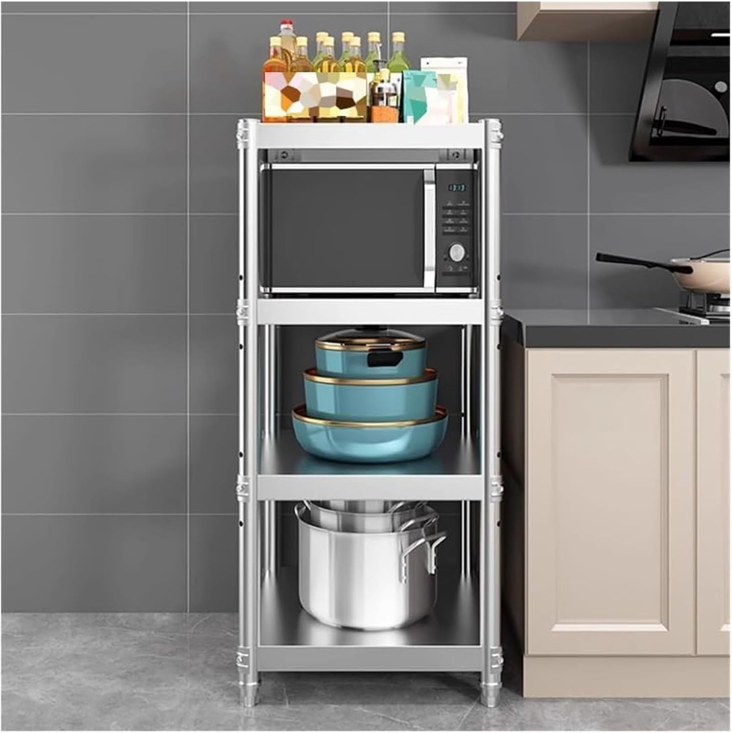 重型金属棚 ステンレススチール製キッチン棚ユニット、多機能狭幅収納ラック、ガレージオフィス書斎コーナー用高耐久高さ調節可能棚(55x