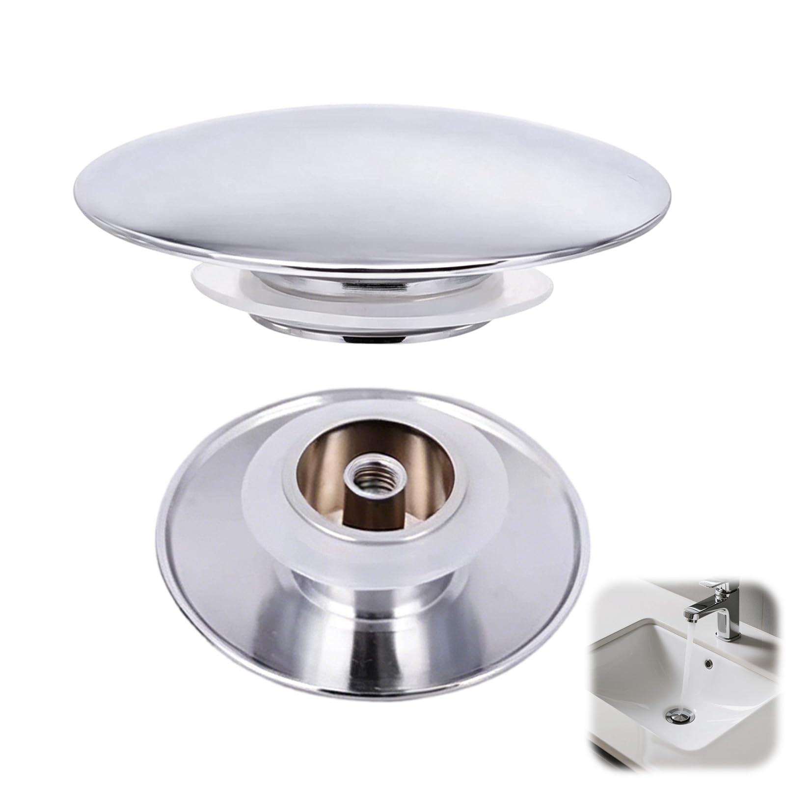 2 Pcs Pop Up Sink Plug Replacement, 66mm Drain Stopper for Bathroom Sinks, Easy Pop Up Sink Plug Replacement Silver Chrome Click Clack Basin Waste,Click Clack Push Button for Kitchen, Bathroom Basins