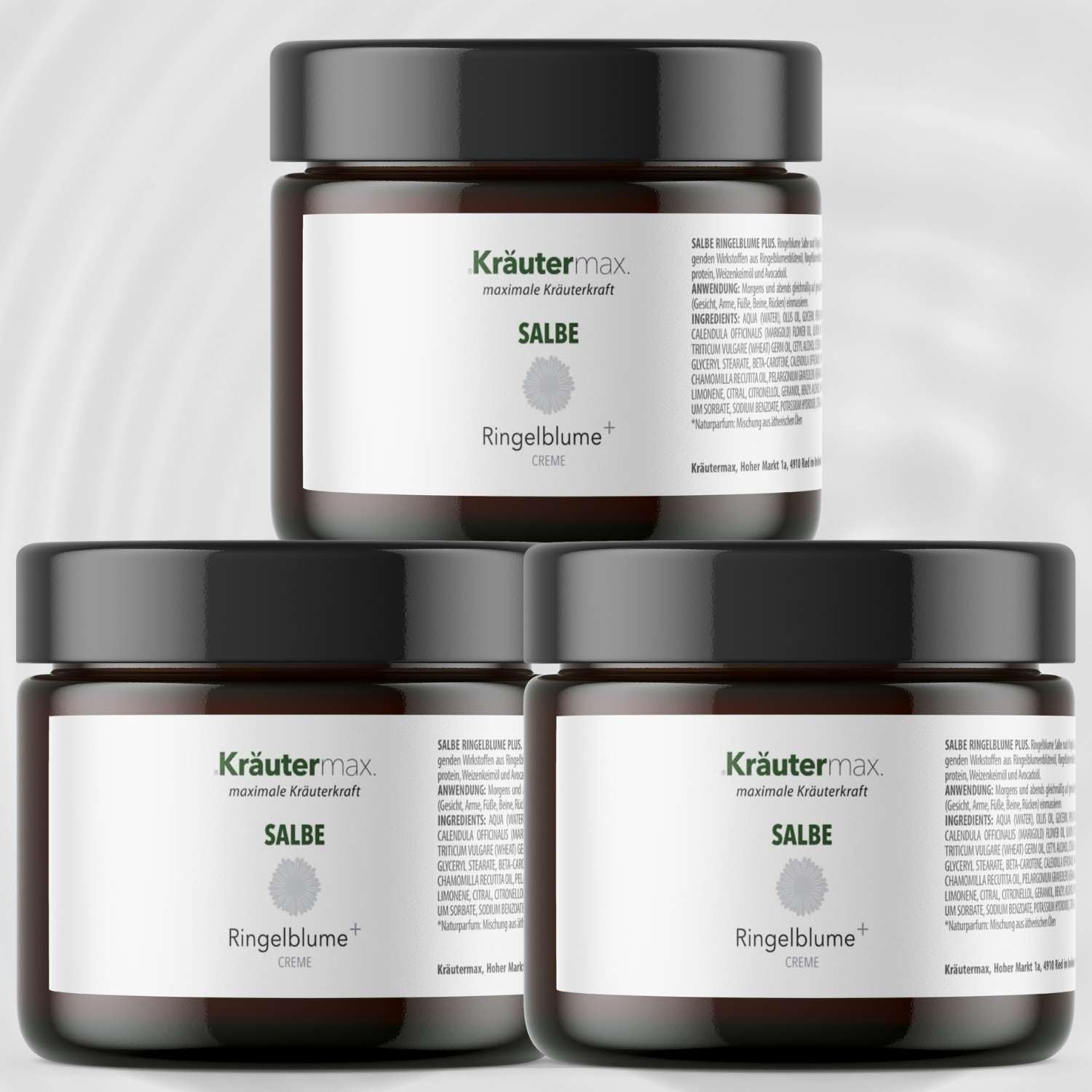 Kräutermax Ringelblume Salbe Calendula, natürliche Basis mit Ringelblume Blütenöl, Kamillenöl, Weizenkeimöl, 3 x 100 ml