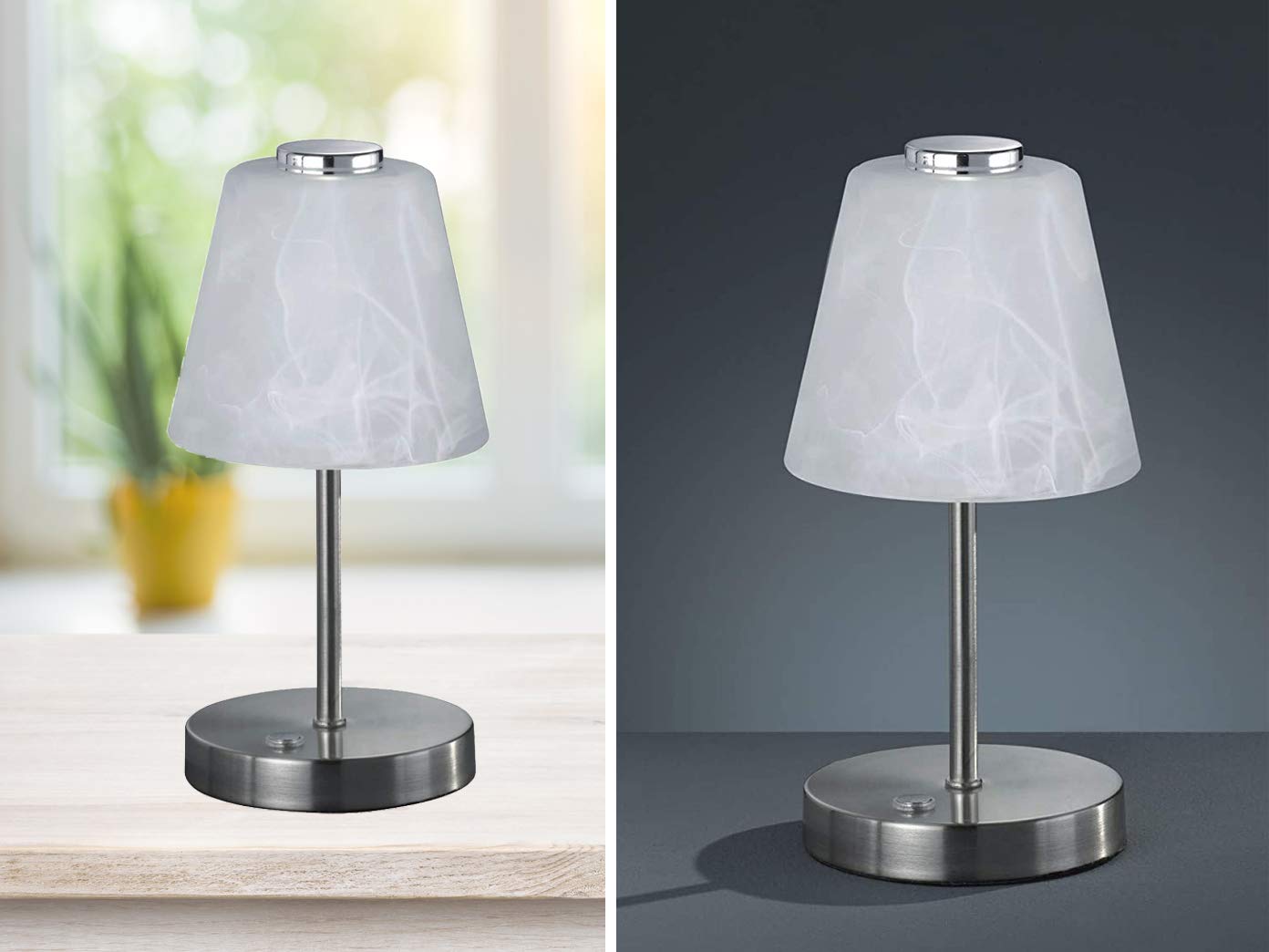 Juego de 2 lámparas LED de mesa con regulador de intensidad táctil, color plateado mate, pantalla de cristal alabastro, 24 cm de alto