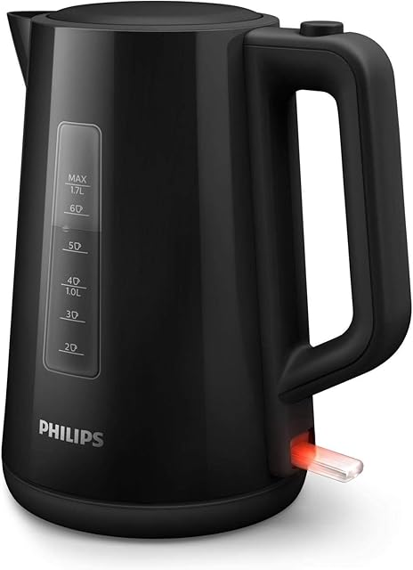 Philips czajnik elektryczny, pojemność 1,7 l, plastikowy, czytelny wskaźnik poziomu wody, system bezpieczeństwa chroniący przed włączeniem pustego czajnika, kolor czarny (HD9318/20)