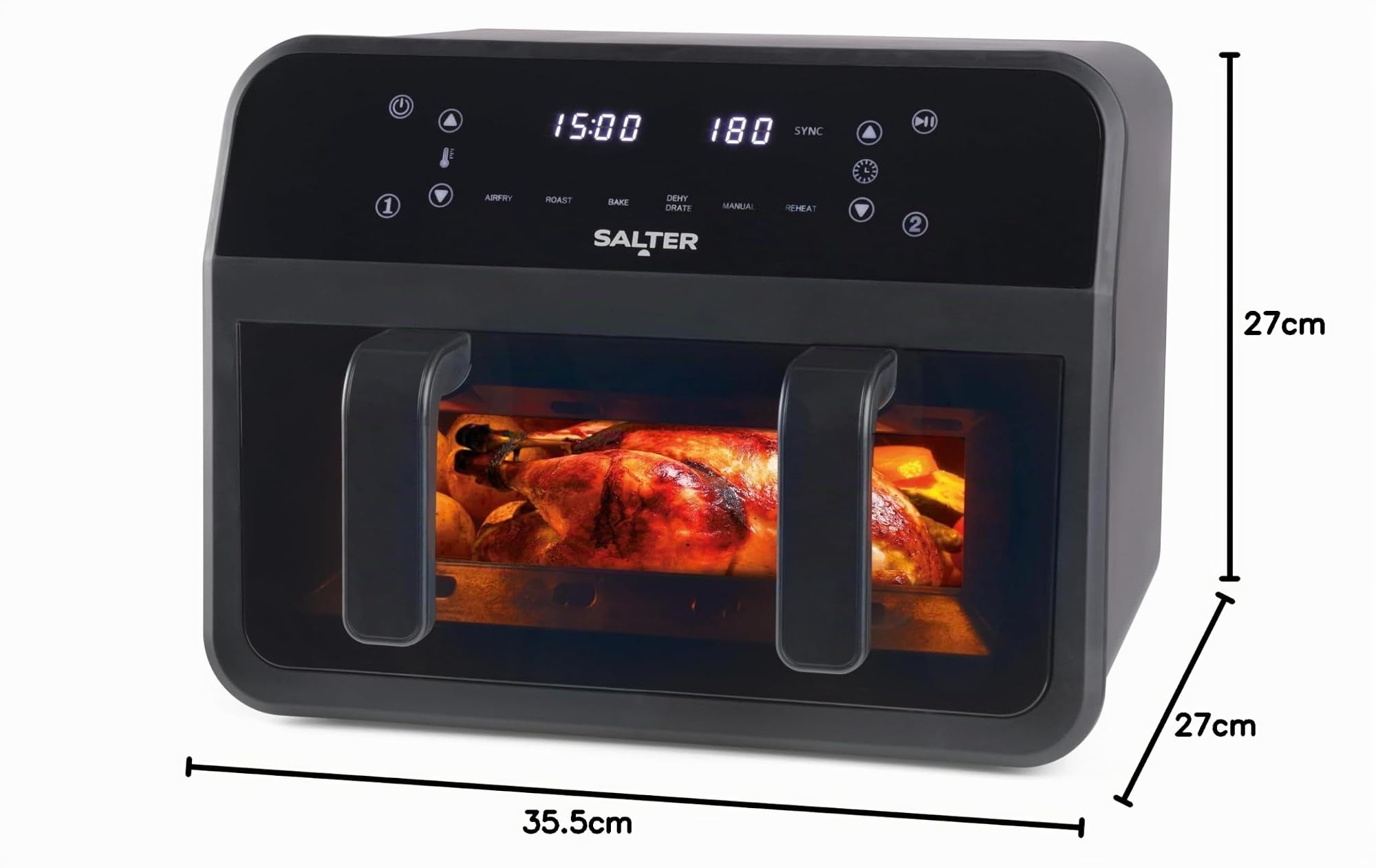 Salter Dual View Freidora de aire – Bandeja de cocción antiadherente de 7 L con divisor extraíble, gran capacidad de tamaño familiar, ventana de visualización, pantalla LED digital, 2300 W
