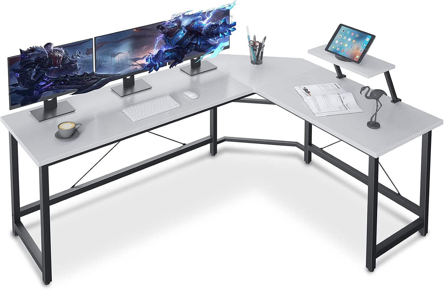 Coleshome Reversible L Shaped Desk 59" Sturdy L Shaped Gaming Desk with Monitor Stand, L Desk for Gaming & Home Office, Space Saving Corner Desk Easy to Assemble, White