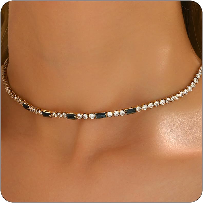 Tennis Necklaces for Women 18K Gold Plated White Red Green Blue Cubic Zirconia Necklaces Dainty Rhinestone Choker Necklaces Trendy Faux Diamond Tennis Chain 3mm