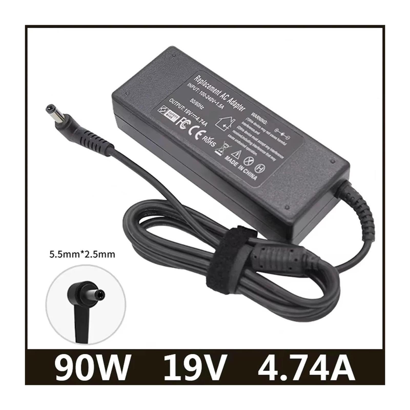 Cargador De Vuelta De 19V 4.74A 90W 5,5 * 2,5 Mm, Compatible con ASUS, Compatible con Toshiba, Compatible con Lenovo, Adaptador A46C X43B A8J K52 U1 U3 S5 W3 W7 Z3(with EU Plug)
