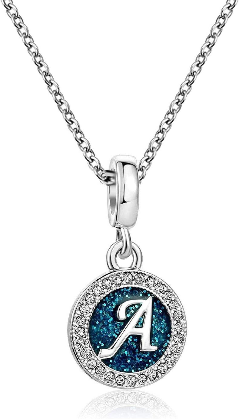 KunBead Jewelry Blue Letter Initial Necklace Heart Love Crystal Alphabet Name Birthday Necklace for Women Girls
