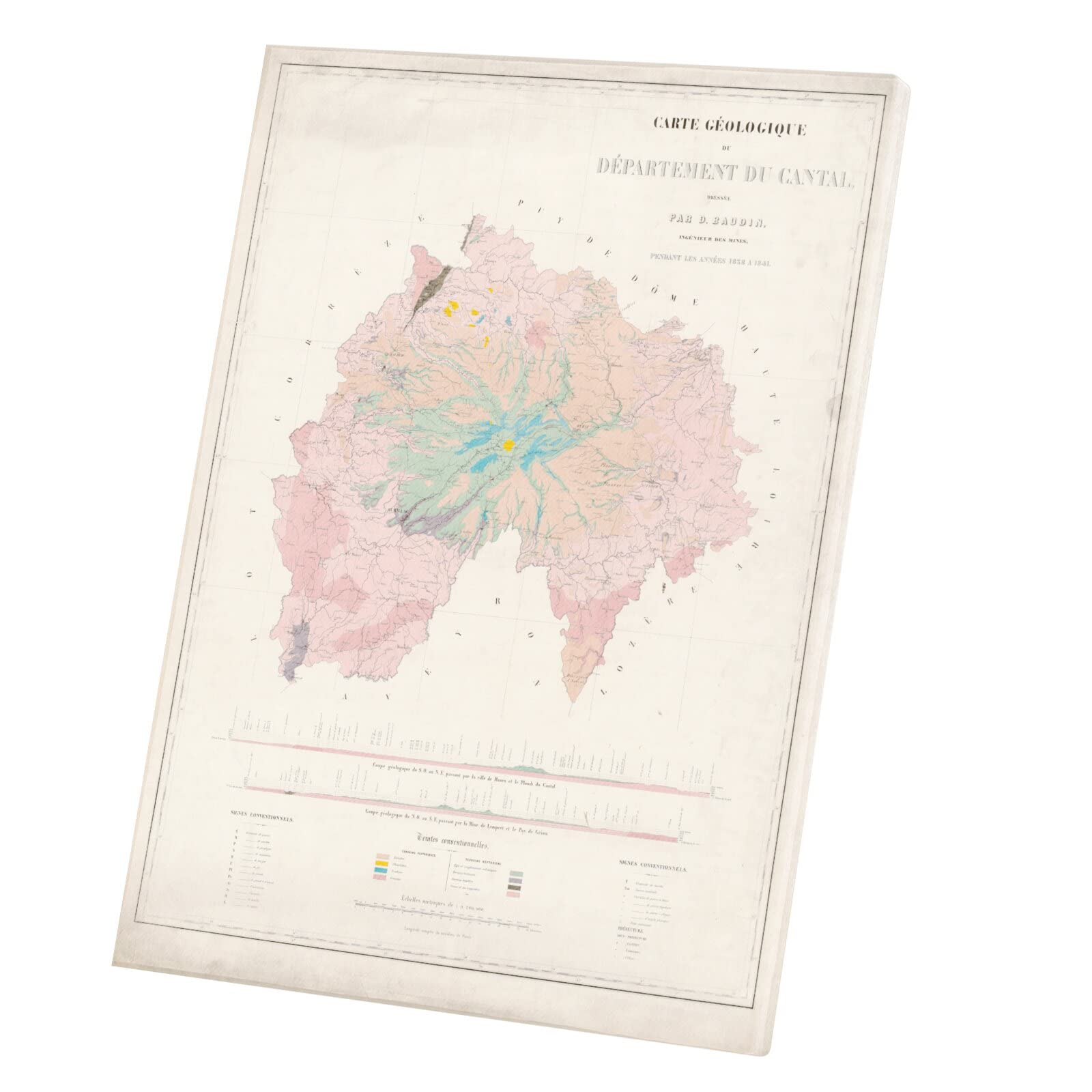 Carte géologique ancienne Cantal affiche poster décoration région France 30x41