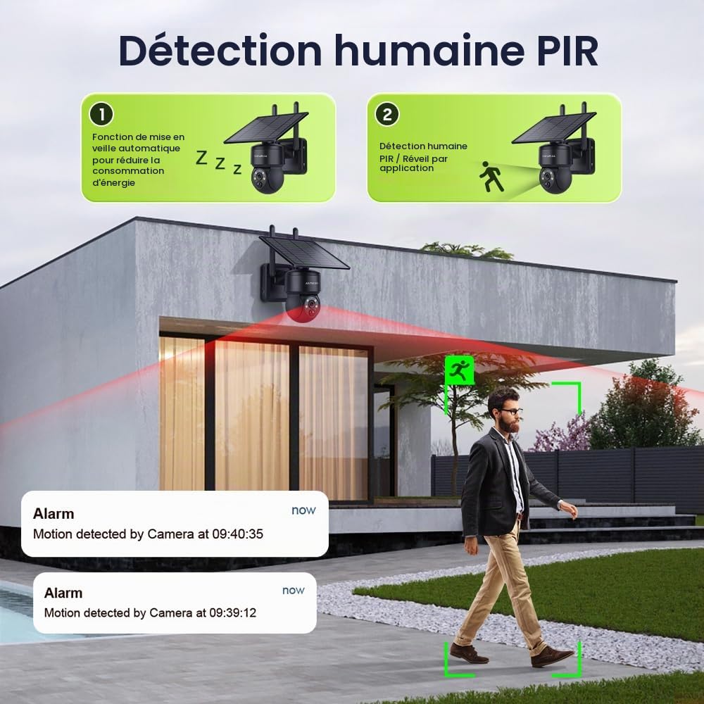 SHIWOJIA Camera Solaire Exterieur WiFi sans Fil, Tuya Exterieur, 2K Smart Life, 360° PTZ, Vision Nocturne Couleur, Audio Bidirectionnel, PIR Sirène (Noir)