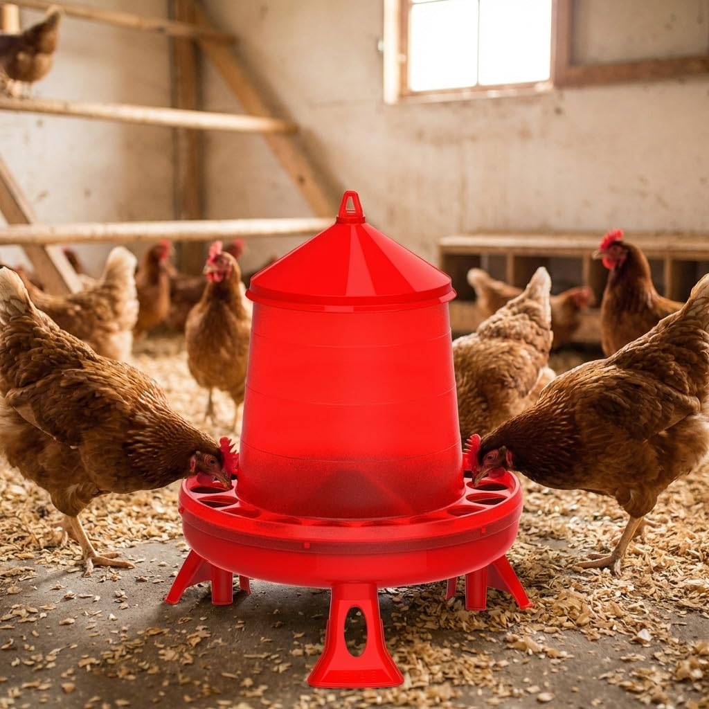 Suinga Tramoggia mangiatoia plastica galline con gambe 8 kg, 37x37x45 cm, rosso
